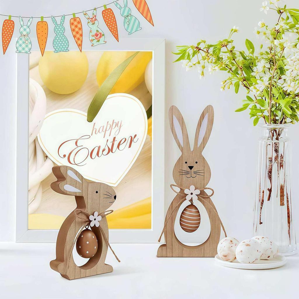 2pcs Wooden Easter Bunny Egg Decorations Easter Bunny Vertical Decorations Easter Wooden Bunny Ornaments For Home Office