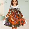 Girls High Neck Furry Trim Long Sleeve Halloween Tiger Printed A Line Flared Dress