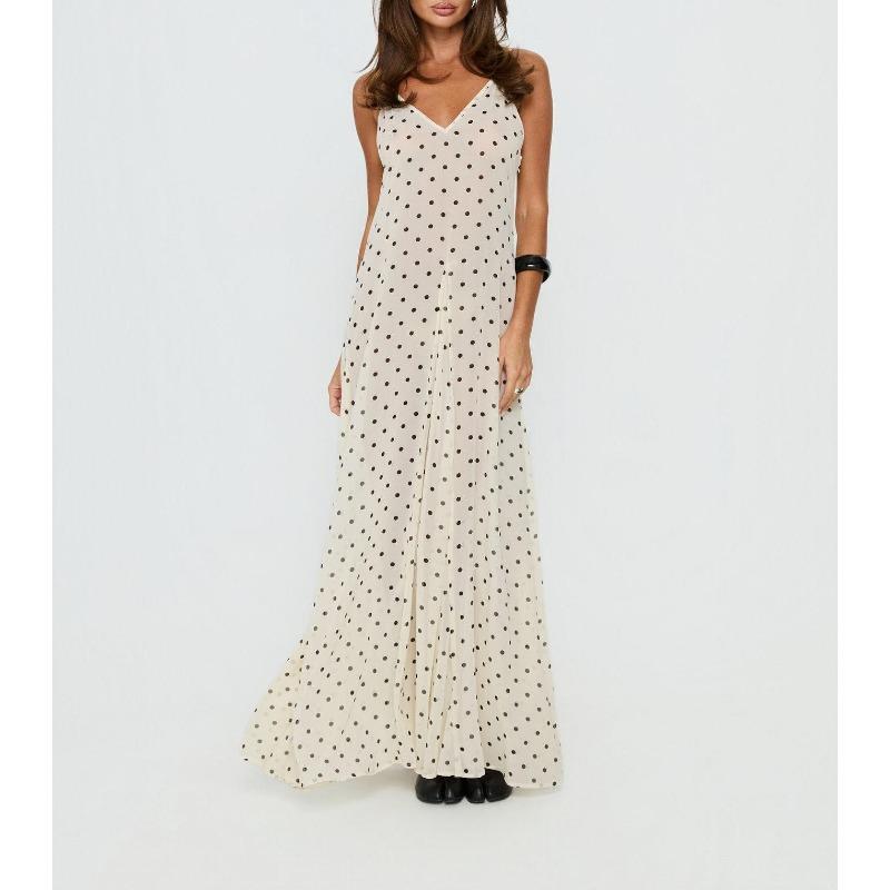 women s French Polka Dot Spaghetti Strap Maxi Dress V Neck High Waist Elegant Vacation Long Dress S