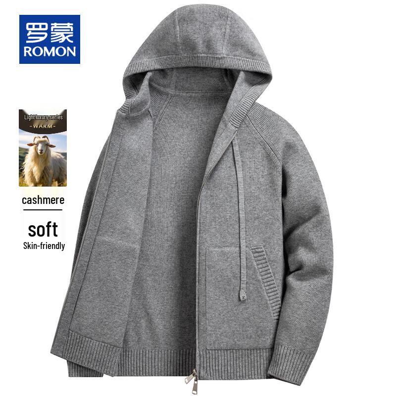 ROMON Men's Cashmere Blend Hooded Zip Cardigan Sweater