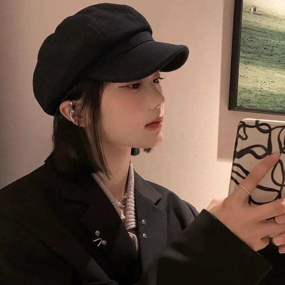 Windproof Beret Cap Solid Color Painter Peaked Hat  Autumn Winter Girl Accessories