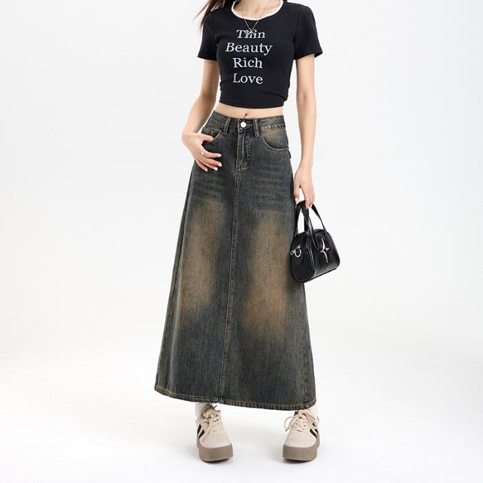 Denim Skirt Design with Pocket Slit Classic Style Hip Cover Mid-length Skirt Slim Waist Showing Long Legs