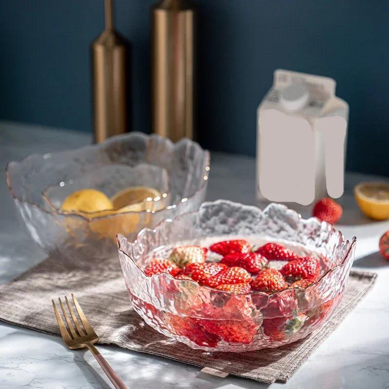 Japanese Irregular Hammer Glass Dinner Bowl Gold Edge Fruits Dishes Salad Tools Kitchen Tableware for Decorative Small Snacks