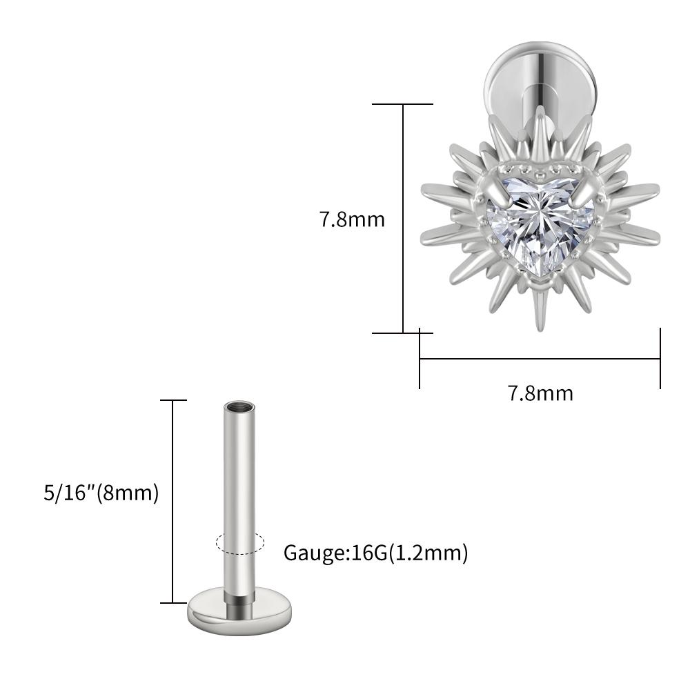 Stud Labret Flat Back Coração Quebrado ASTM F136 Titânio Right Grand 16G Argola de Cartilagem Coração CZ Piercing Helix Tragus Joia