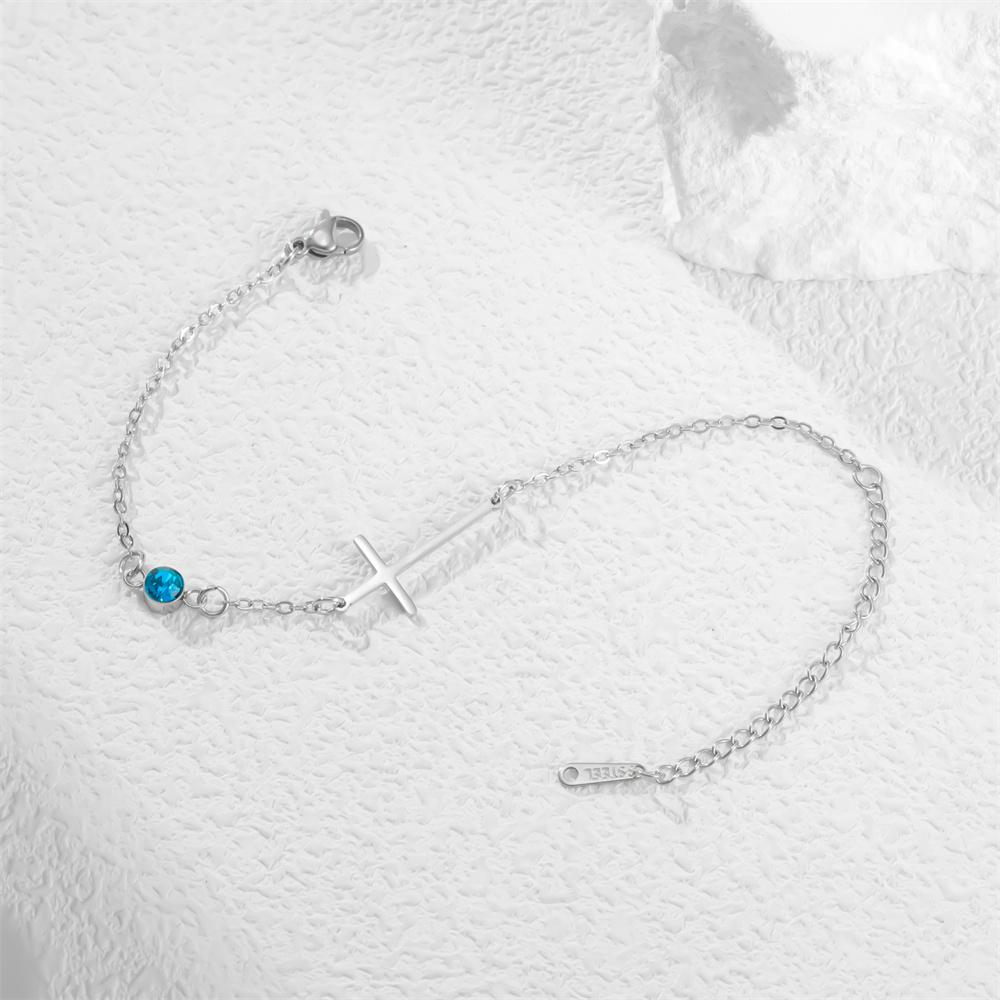 Cross Birthstone Zirconia Charms Bracelets Girls Summer Beach Thin Chain Cross Hand Chain July August Stainless Steel Jewelry