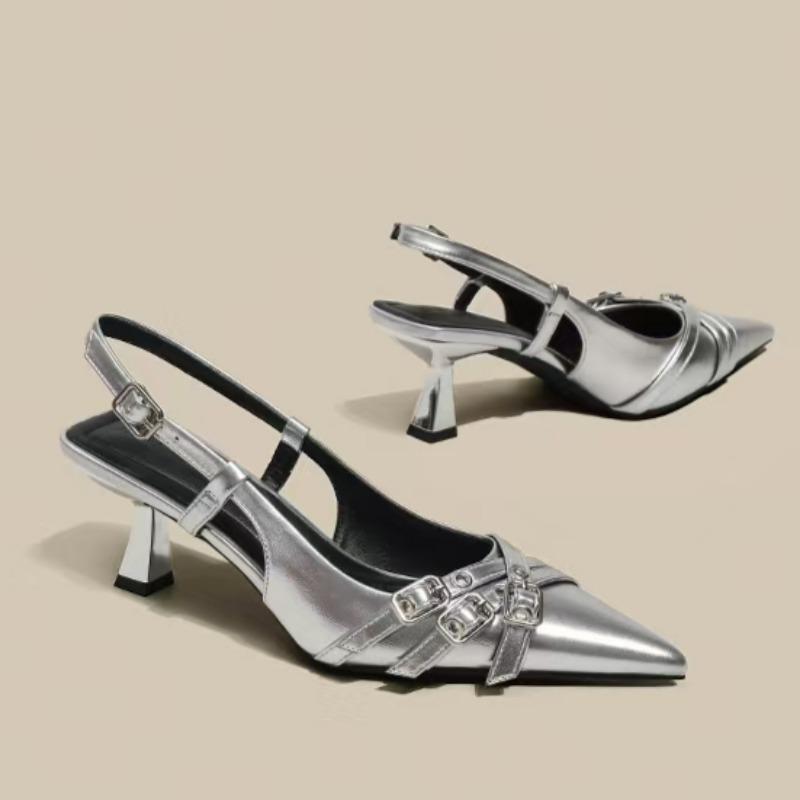 Fashion Summer New Baotou Sandals Women's Fashion Pointed Head Shallow Mouth Metal Buckle A Line with Non-slip High Heels