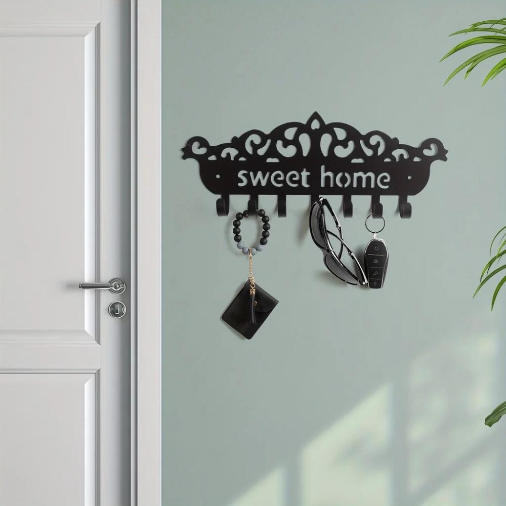 Wall Mounted Key Holder with Black Metal Row Hooks - Ideal for Decorative Wall Key Storage and Organization