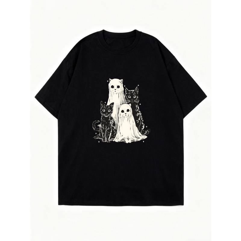 Oversized T Shirt Black Cats And Ghosts Print Casual Streetwear For Women