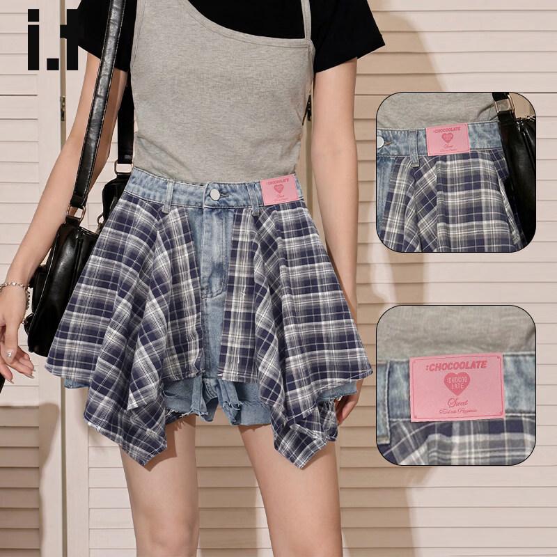 Women s Patchwork Denim Skort with Plaid Detail M