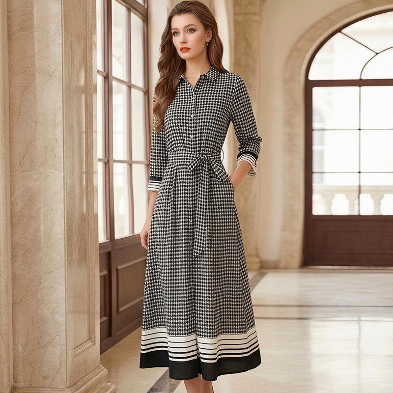 

Fei Meng Yi Women s Chic Houndstooth A-Line Shirt Dress with Cinched Waist and Belt - Spring/Summer Collection XL (120-130 jin)