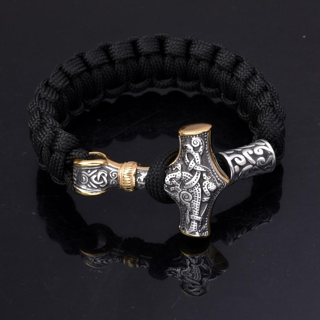 Męska dominująca, ręcznie robiona lina do parasola pleciona bransoletka Viking bransoletka z młotem Thora ze stali nierdzewnej bransoletka typu survival na świeżym powietrzu