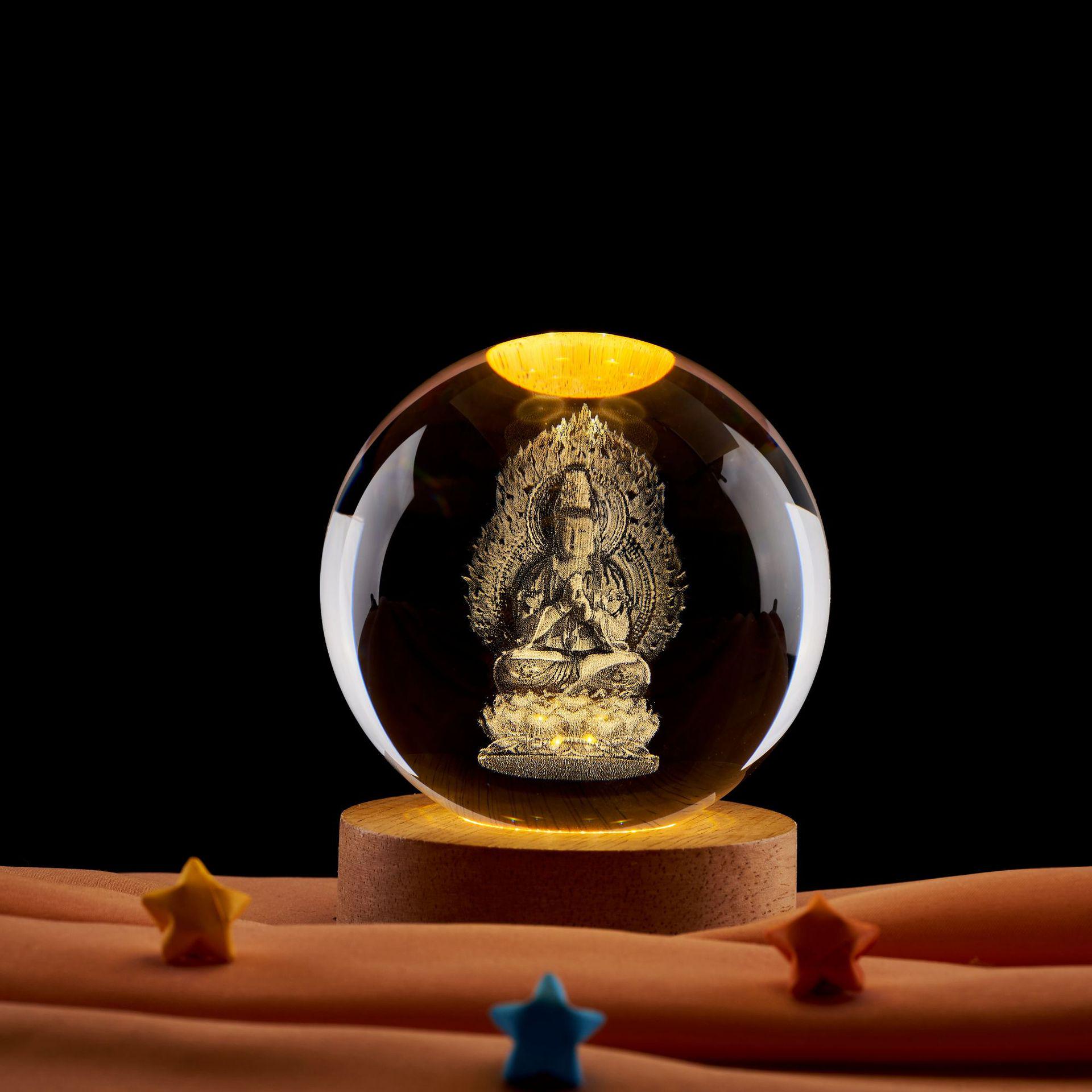 3D Carved Crystal Night Light: Buddha, Guanyin & Ksitigarbha Bodhisattva Zen Ornament 6 cm