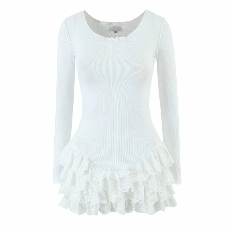 

Autumn New Arrival Women clothes American Pure Desire Style Casual round Neck Long sleeve Lace Frill Short Midi Dress White L