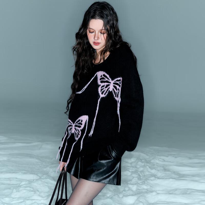 

San Cai Du Xing Butterfly Tassel Jacquard Knit Sweater S