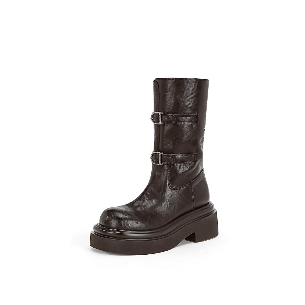 Wu Xuanyi same Su Yinyin thick-soled heightening locomotive belt buckle medium and high boots knight boots women's autumn and winter short boots