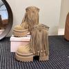 Fashion Women Tassels High Heels 8CM Thick Platform Mid-Calf Boots Leather Chunky Shoes Woman Autumn Winter Motorcycle Boots Botas