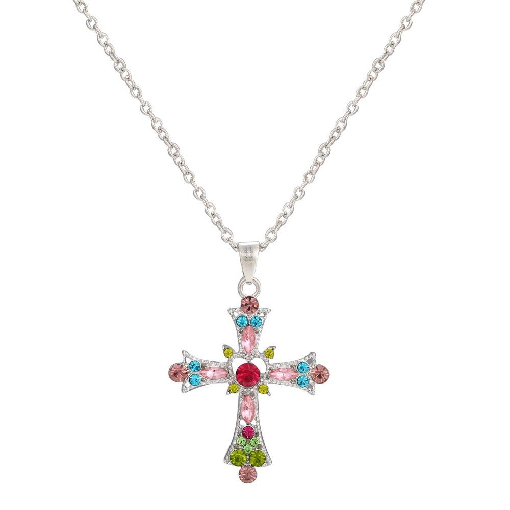 Trendy Personality Colorful Rhinestone Cross Hollowed-out Heart Pendant Necklace Earrings for Women Men Y2k Jewelry Accessories
