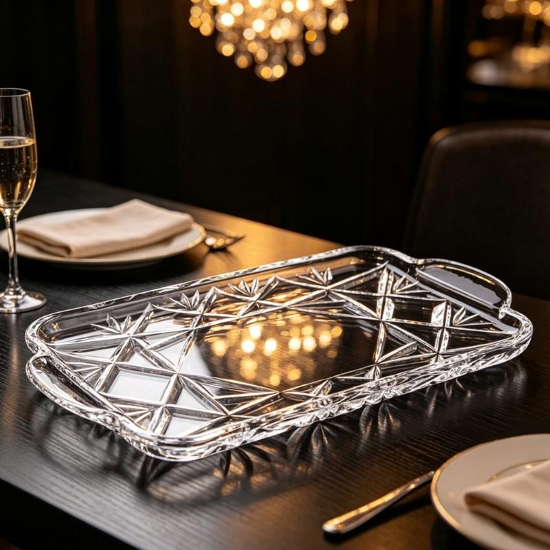 Rectangular Crystal Serving Tray Platter Decorative Tray with a Clear Body, Faceted Pattern and Raised Border for Arranging and Presenting Household