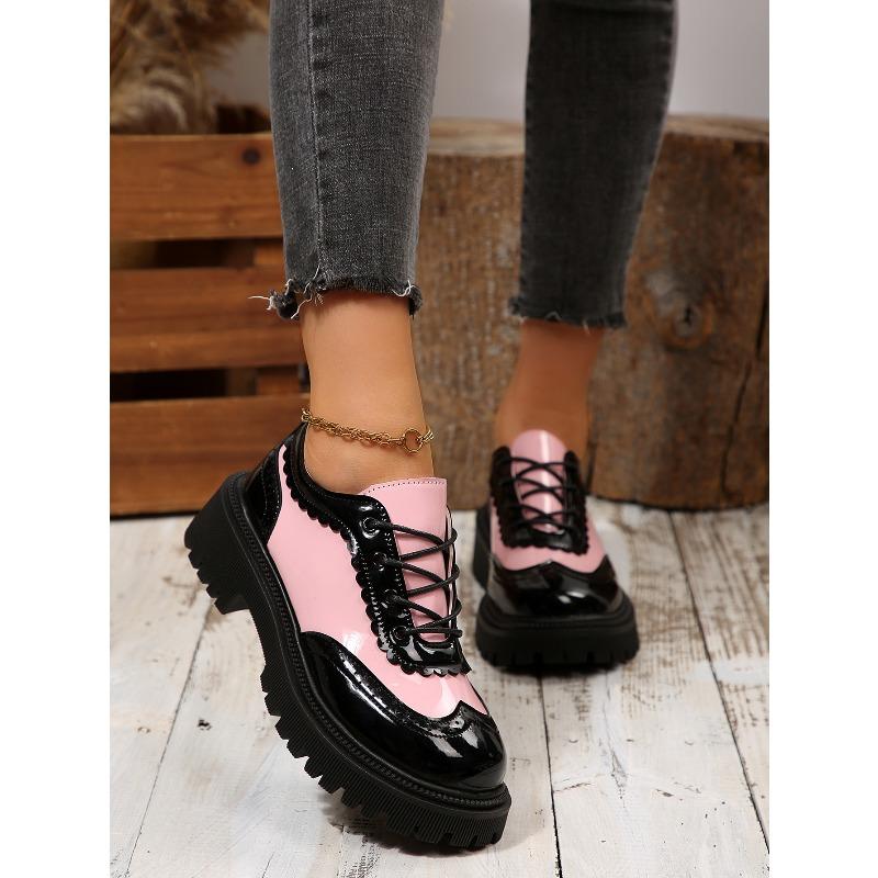 Color-blocked Low-top Shoes for The Fall of 2025 New Platform Lace-up Muffins Plus Size Small Leather Shoes for Women