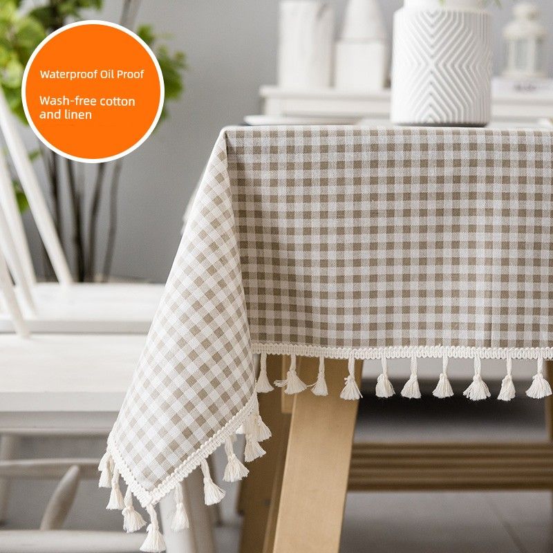 

Nordic Instagram Style Cotton and Linen Fabric Waterproof Oil-Proof Disposable Gingham Tablecloth Dining Table Desk Student Fresh Tablecloth Khaki 90*90cm