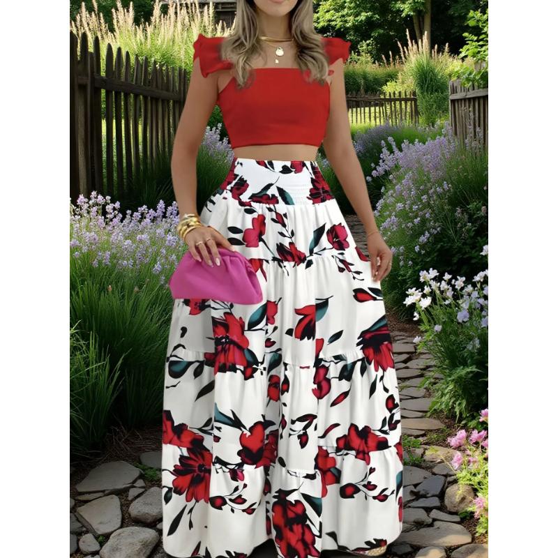 Women's 2 Piece Outfit Set Sexy Solid Color Ruffle Sleeve Crop Top High Waist Tiered Flowy Maxi Skirt Elegant Vacation Beach Wear Suit