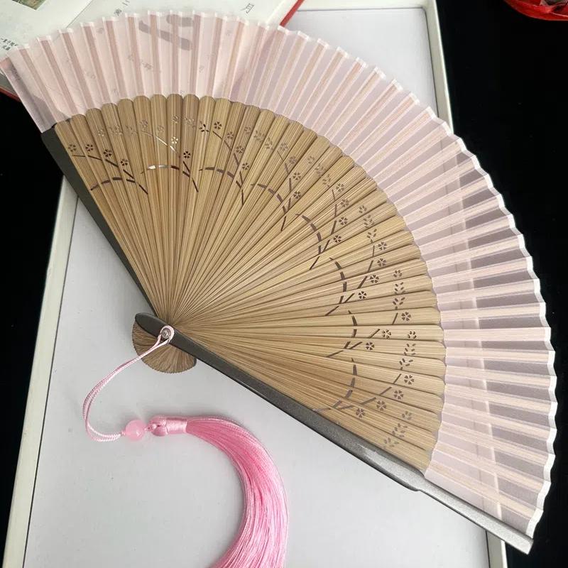 Vintage Antique Folding Fan Bamboo Ribs Carved Hollow Women Gilr Hanfu Cheongsam Performance Dance Fan Summer Portable Hand Fan