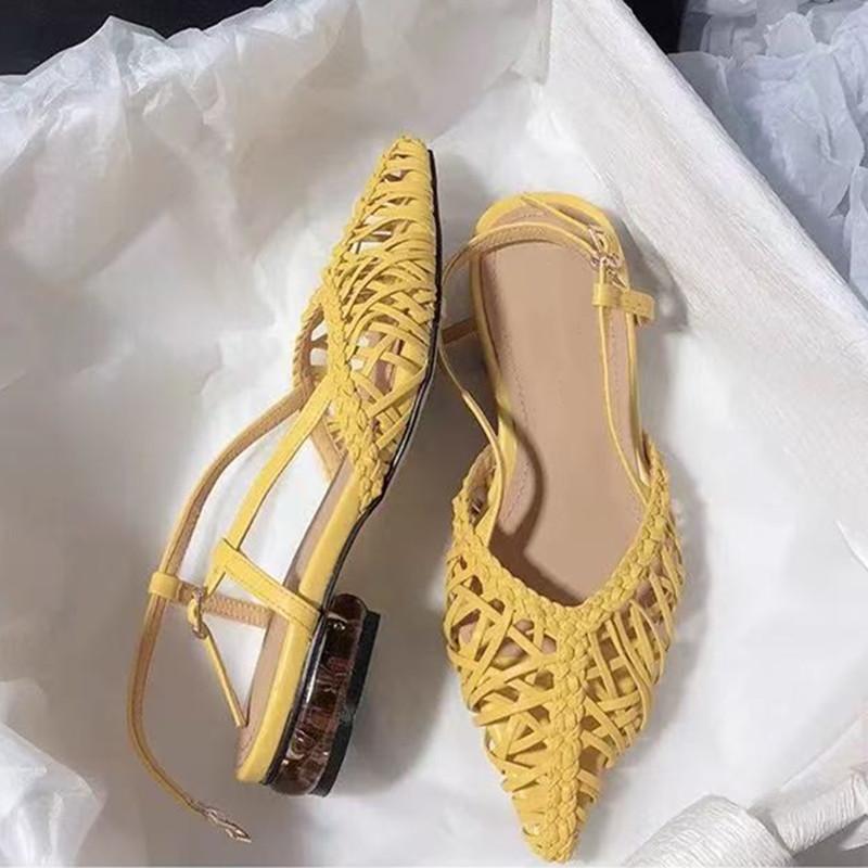 Fashion Elegant Green Openwork Woven Women Pumps Sexy Pointed Toe Square Heel Flat Sandals for Women Summer Fashion Comfort Beach Shoes