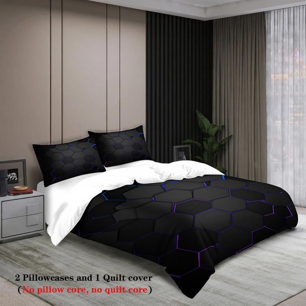 3Pcs Geometric Hexagon Bedding Sets 3D Printed Black And Blue Pattern Duvet Cover Sets With Pillowcases No Filling Cool Visual