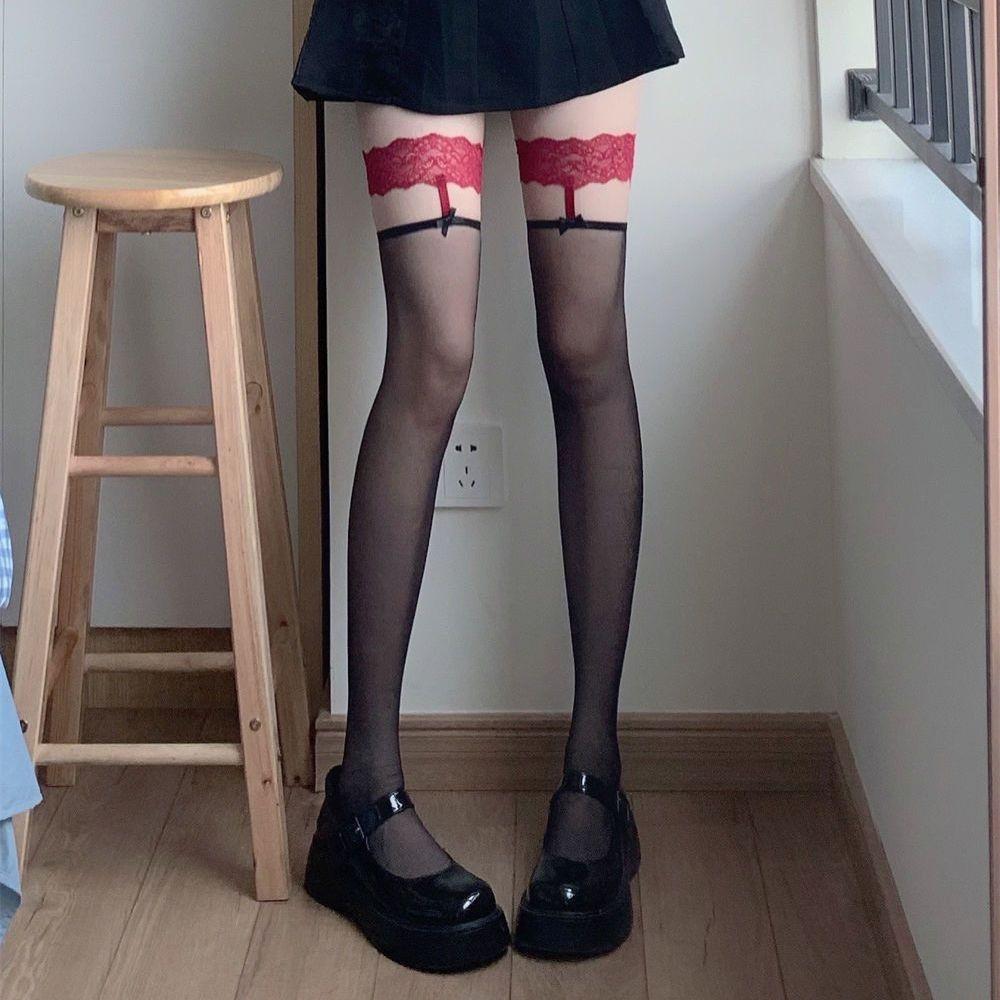 Sexy schwarze Oberschenkelhohe Strümpfe mit Spitze, Schleife und Strumpfhalter