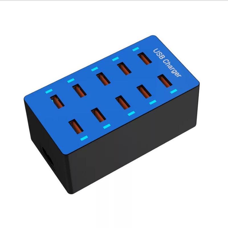 50W Multi-Port Power Strip: 10 USB Charger for Mobile Phones with US, EU, and UK Plugs