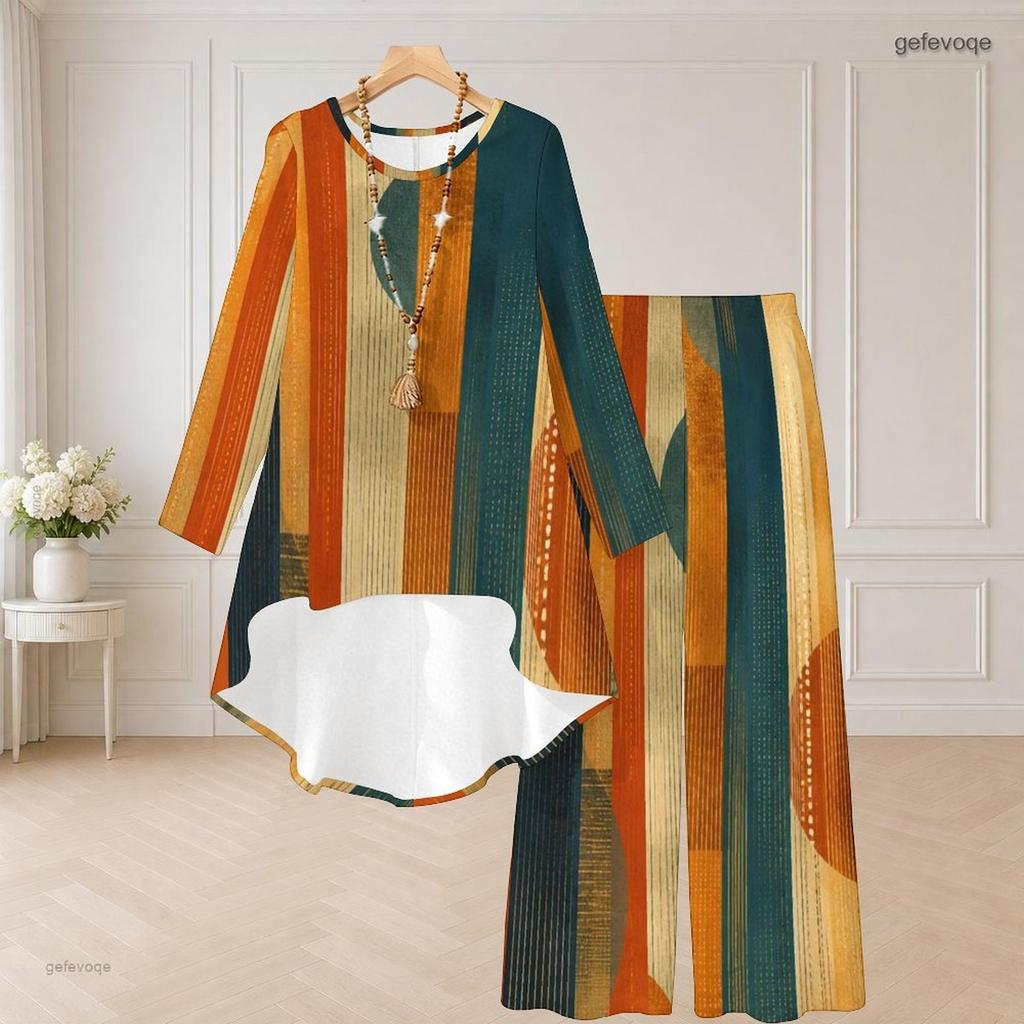 Women Plus Size Round Neck Long Sleeve Printed High Low Top Wide Leg Pants Two Piece Set
