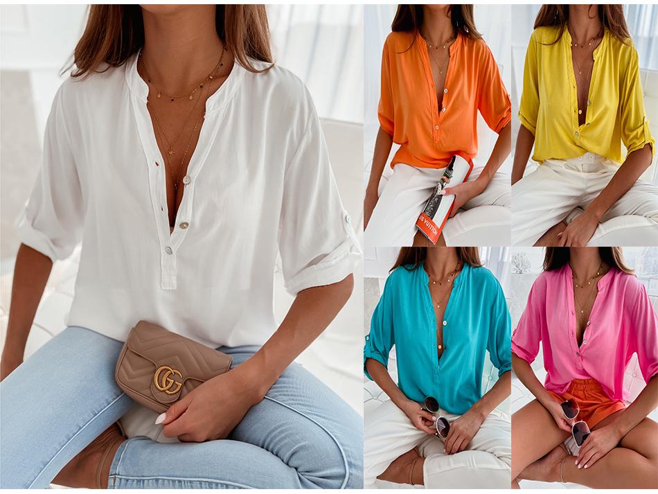 Women's Trendy Short-Sleeve Stand Collar Loose Button-Up Shirt