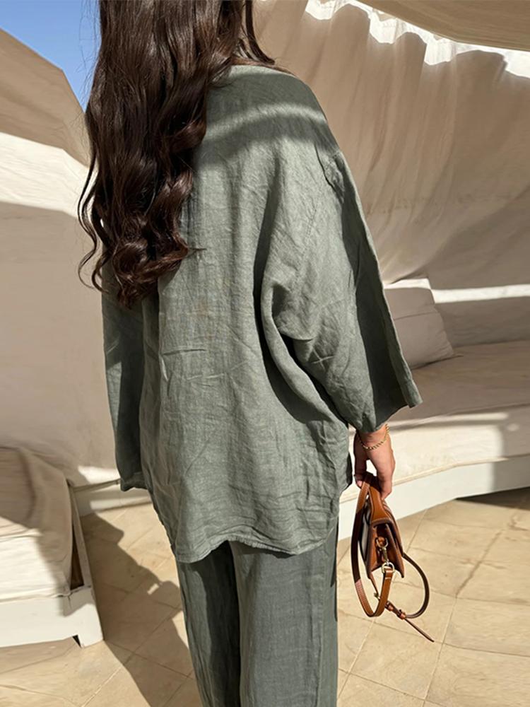 Vintage Solid Shirt Trousers Suit Women Single Breasted Long Sleeve Shirt Wide Leg Pants Summer Female Set