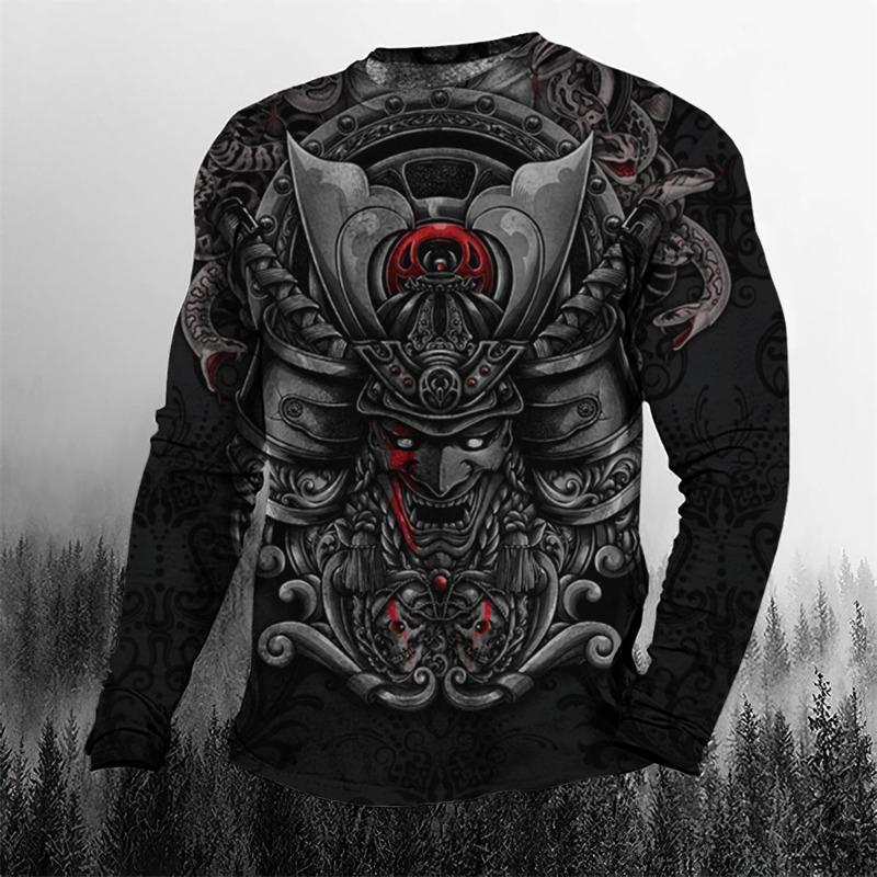 Super Cool Vintage Japanese Samurai Men's T-shirt O-Neck Cotton Men's Clothing Oversized Casual Long Sleeve Tops 3D Printed