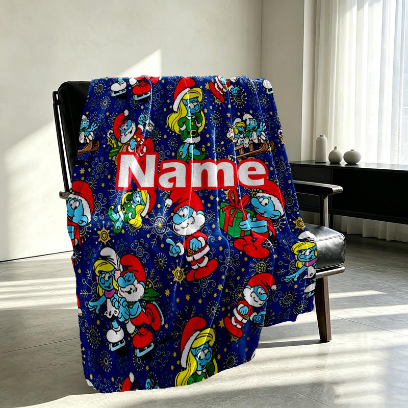Custom Name Personalized Blue Smurfs Print Blanket, Home Decor, Bedroom, Sofa, Camping, Couch, Gifts for Birthday Christmas