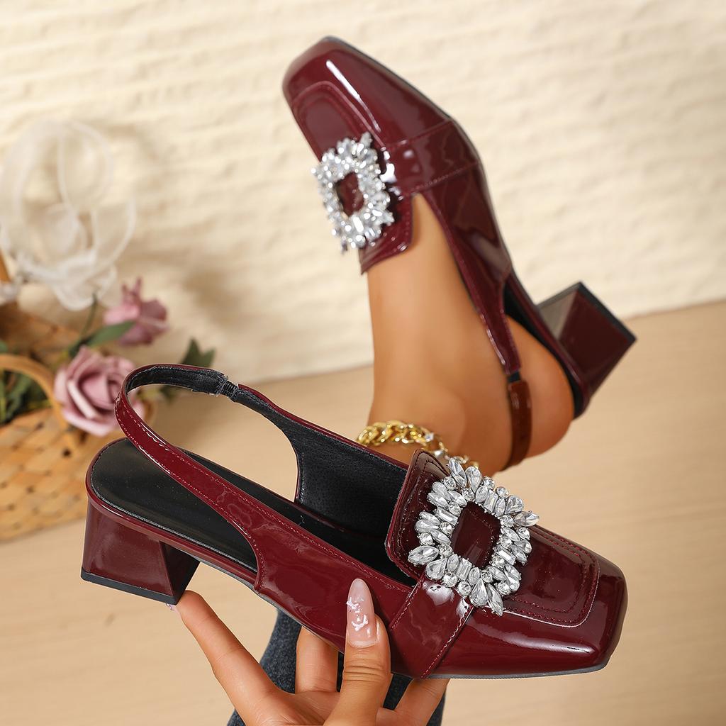 Women Sandals Water Diamond Buckle Thick Heel Sandals Women Summer 2025 New Baotou Shoes Women French Retro Square Headed Shoes