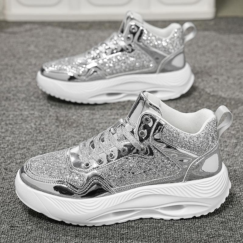

Мужские сверкающие туфли, пара легких кроссовок, черные, золотые, женские, низкие, толстые, подошва, кроссовки для школьников, большие размеры EU: 36 серебряный