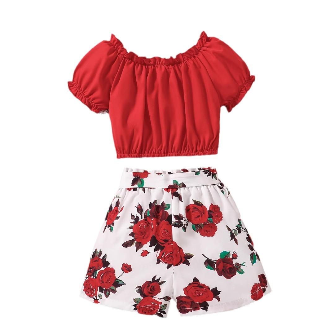

Модный комплект с цветочным принтом для девочек, летний детский повседневный комплект с короткими рукавами и шортами для принцессы 140cm красный