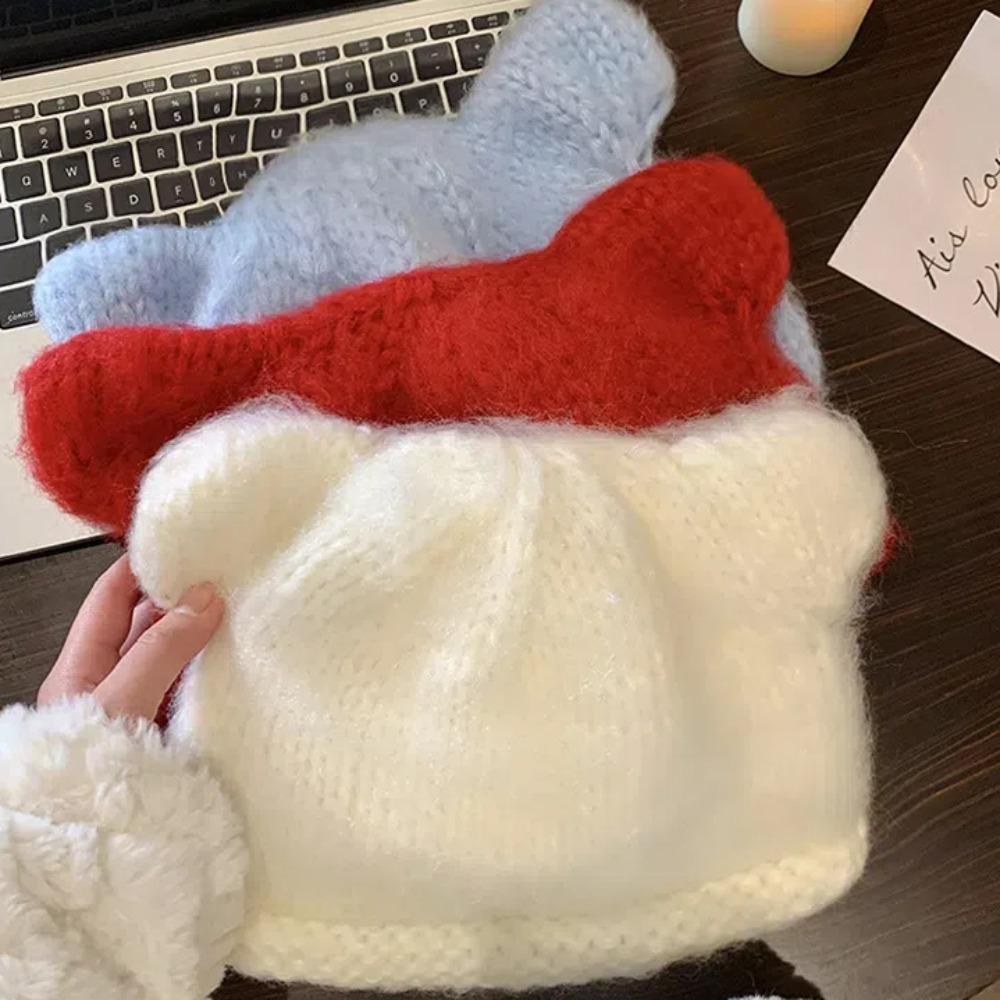 Fluffy Bear Ear Woolen Hat Soft Brimless Beanie Cap Fashion Knitted Pullover Hat  Winter
