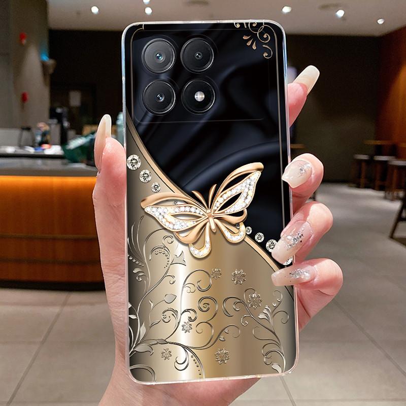 Phone Case For Xiaomi POCO X6 PRO 5G/Redmi K70E Fundas Capa Butterfly Bow Protective Casing Transparent Soft Silicone TPU Cover