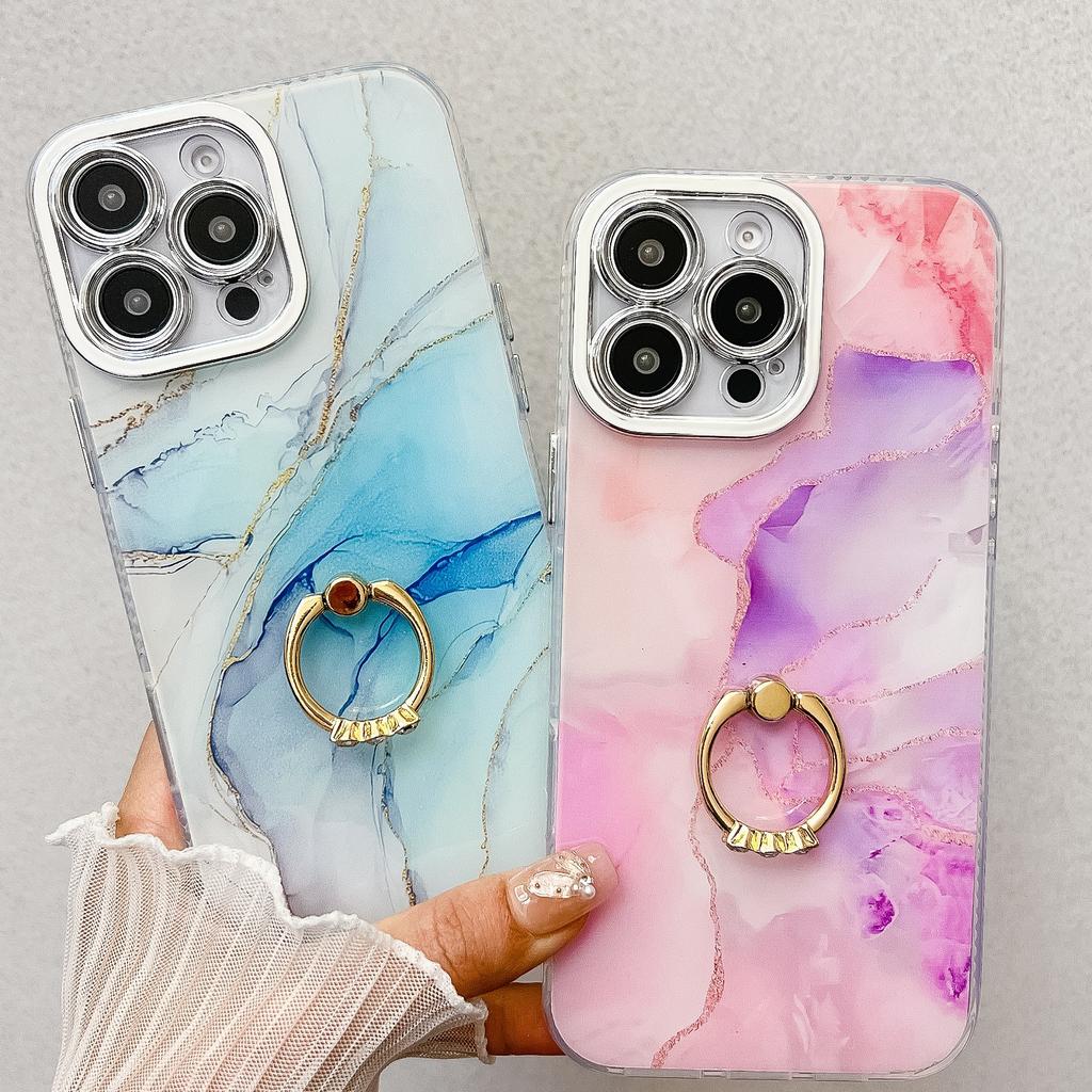 For iPhone 16 Pro Case with Kickstand IMD Marble Pattern Electroplated Phone Cover