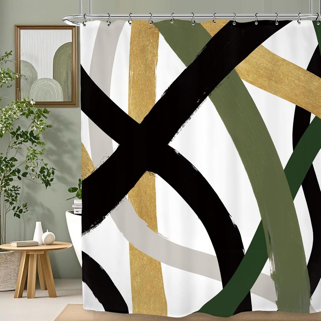 Abstract Black Shower Curtain Modern Minimalist Contemporary Geometric Line Neutral Bathroom Set Accessories Decor With