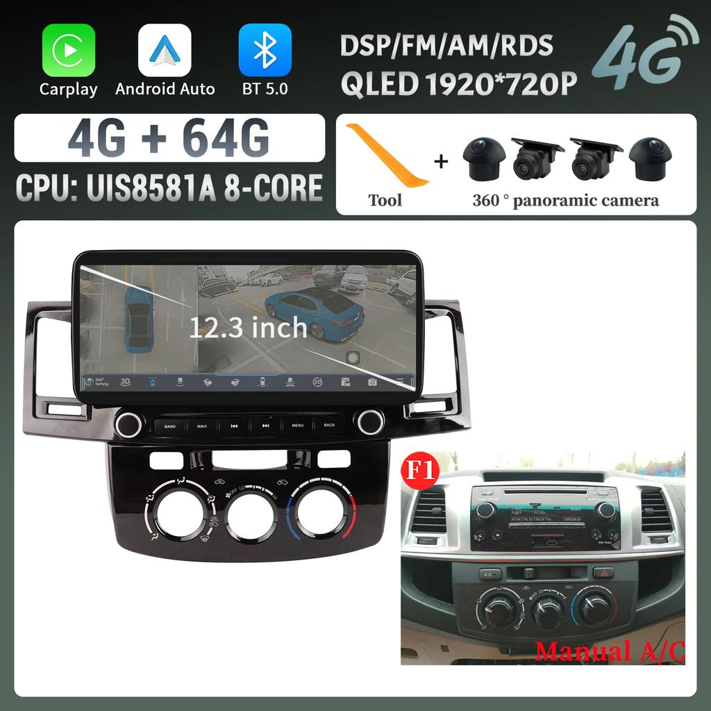 12.3″Car Radio Multimedia 4G GPS For Toyota Hilux 2005-2014 Android 14 Navigation Wireless Carplay Bluetooth Touch Screen