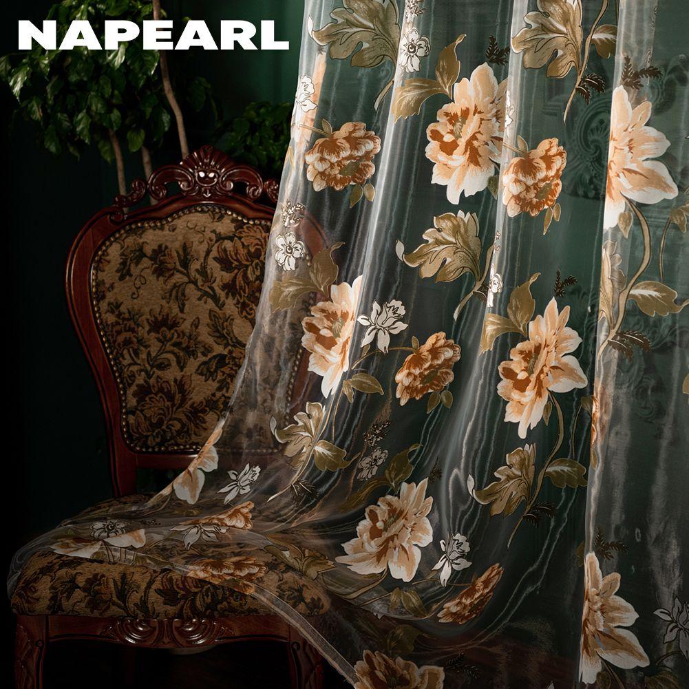 1PC Modern Fashionable Retro Peony Printed Transparent Sheer Window Curtain for Living Room Bedroom Home Decor NAPEARL