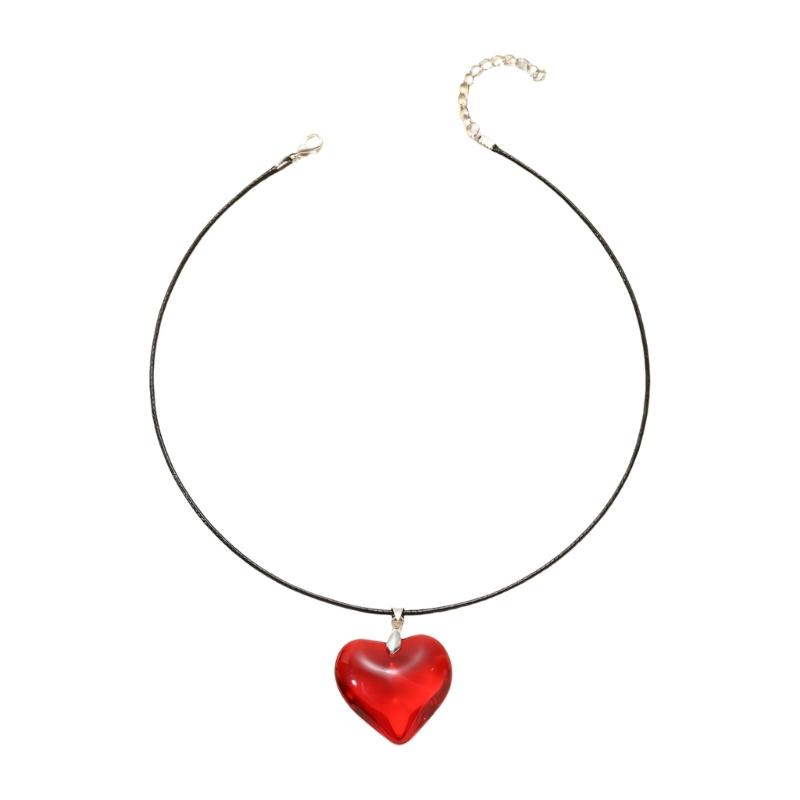 Romantics Red Heart Shaped Glass Pendant Necklace With Soft Black Leather Cord Adjustable Neckchain For Women And Girls