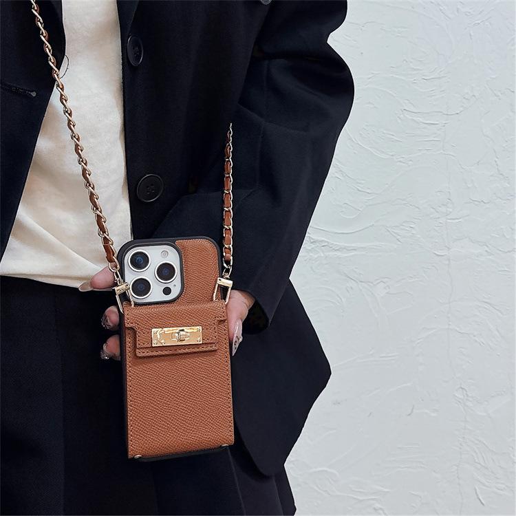 Applicable To Iphone15pro Lychee Pattern Mirror Card Bag Apple 14 Chain Crossbody 13pro Card Function Leather Case