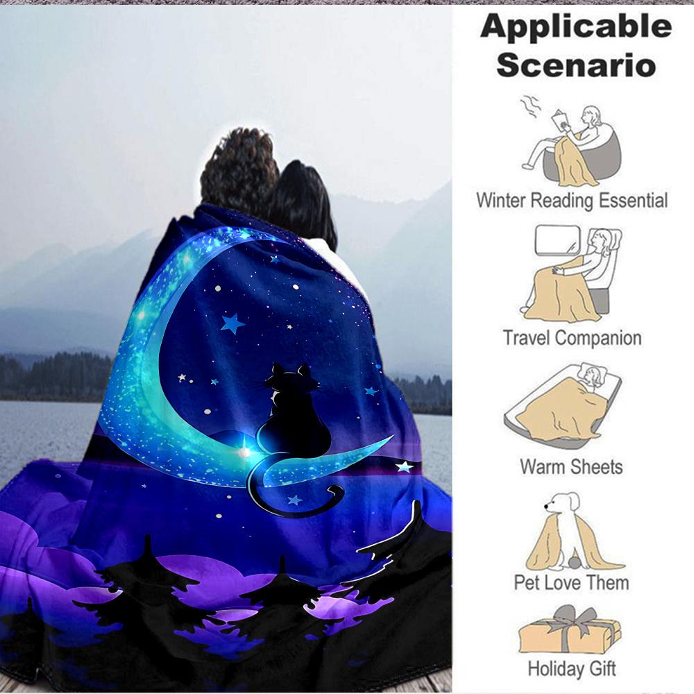1pc Moon Cat Lightweight Flannel Blanket, Comfortable and Warm Blanket, for Office and Camping Sofa Bed, Livingroom032