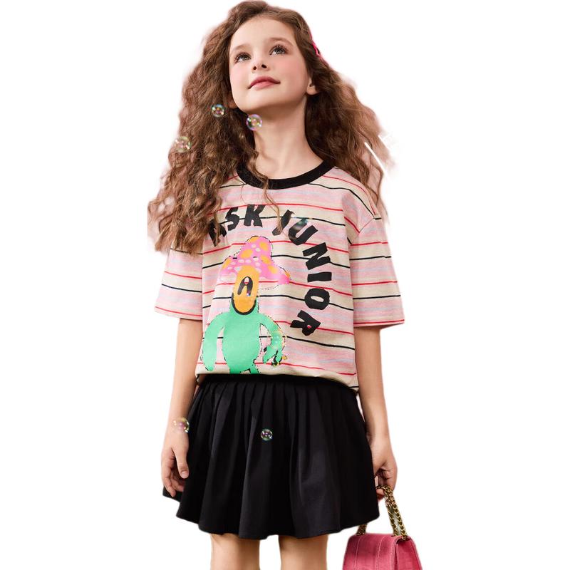 ASK JUNIOR Girls  Summer Striped Drop-Shoulder Short Sleeve T-Shirt 160