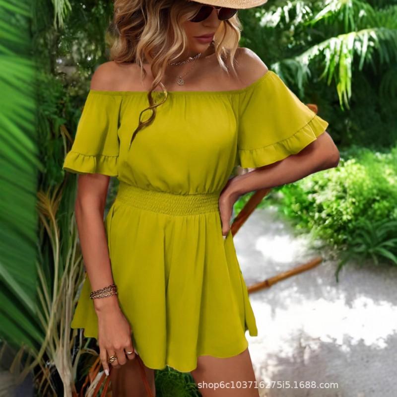 Womens 2025 Off-Shoulder Jumpsuit With Ruffle Detail Mid-Waist Straight Leg Crop Pants Lightweight Sweet Style