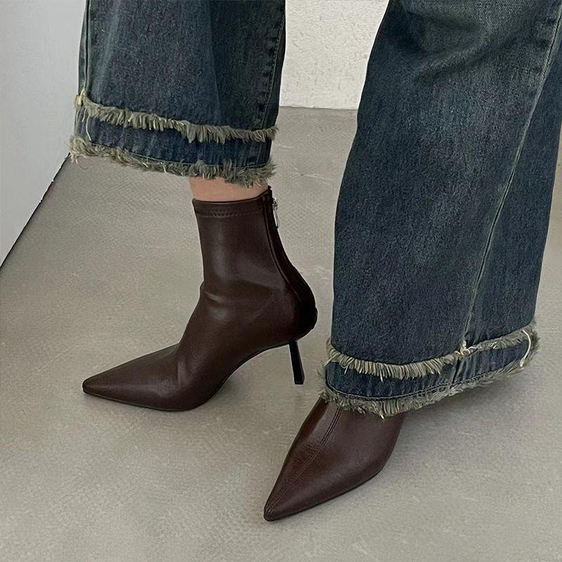 Brown Short Boots 2025 Autumn and Winter New European and American Retro Versatile Internet Celebrity Thin Boots Thin Heel Pointed High Heel Short